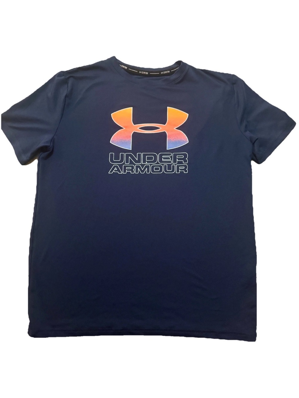 Youth XL Under Armour Navy Short Sleeve Swim Tee with Orange Gradient Logo